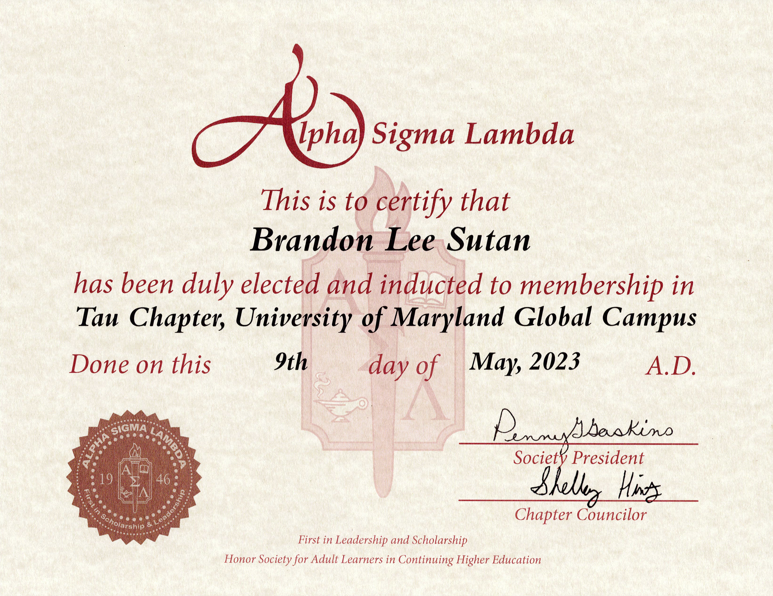 Alpha Sigma Lambda Certificate