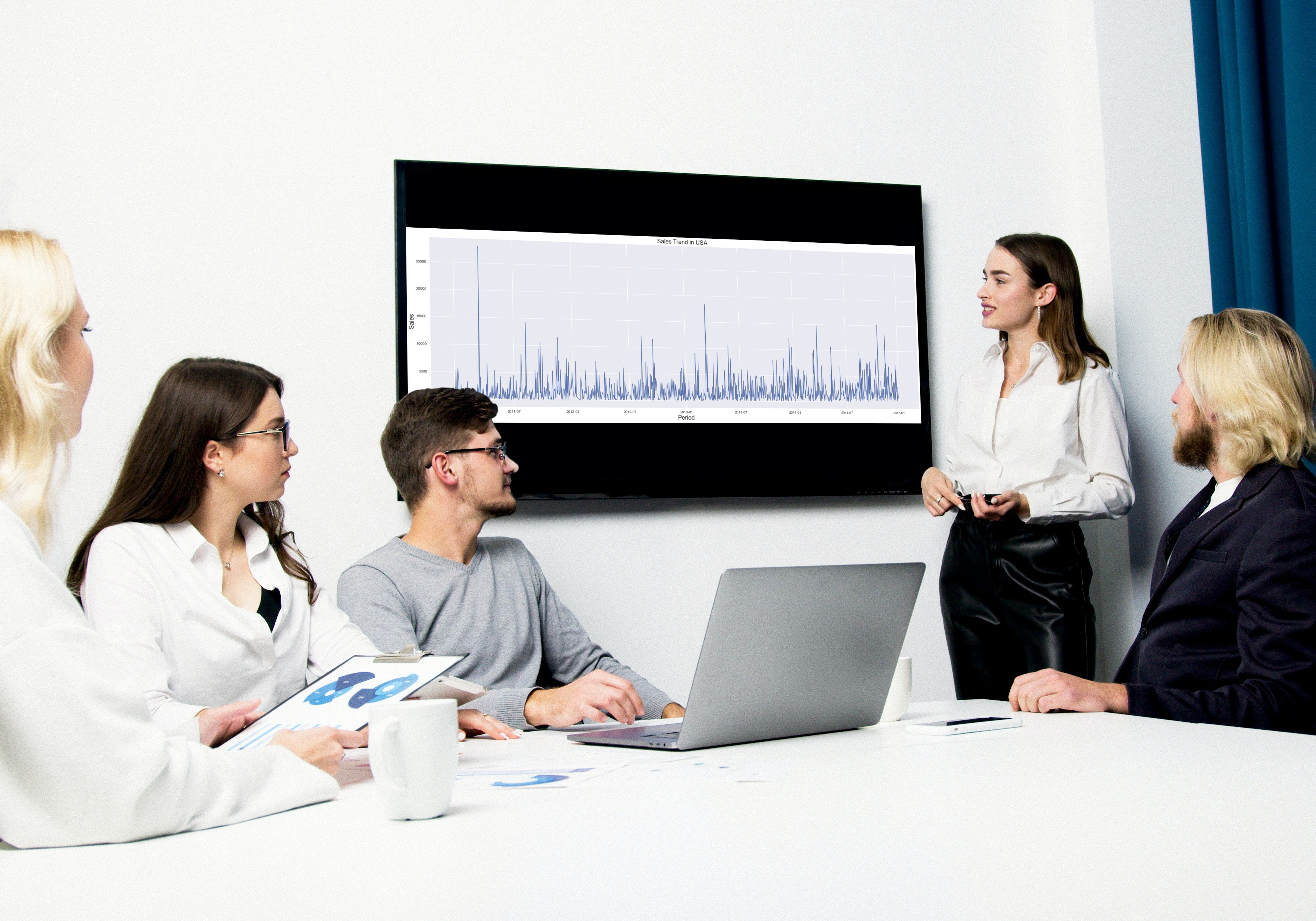 Mockup of data chart on a TV screen during a meeting